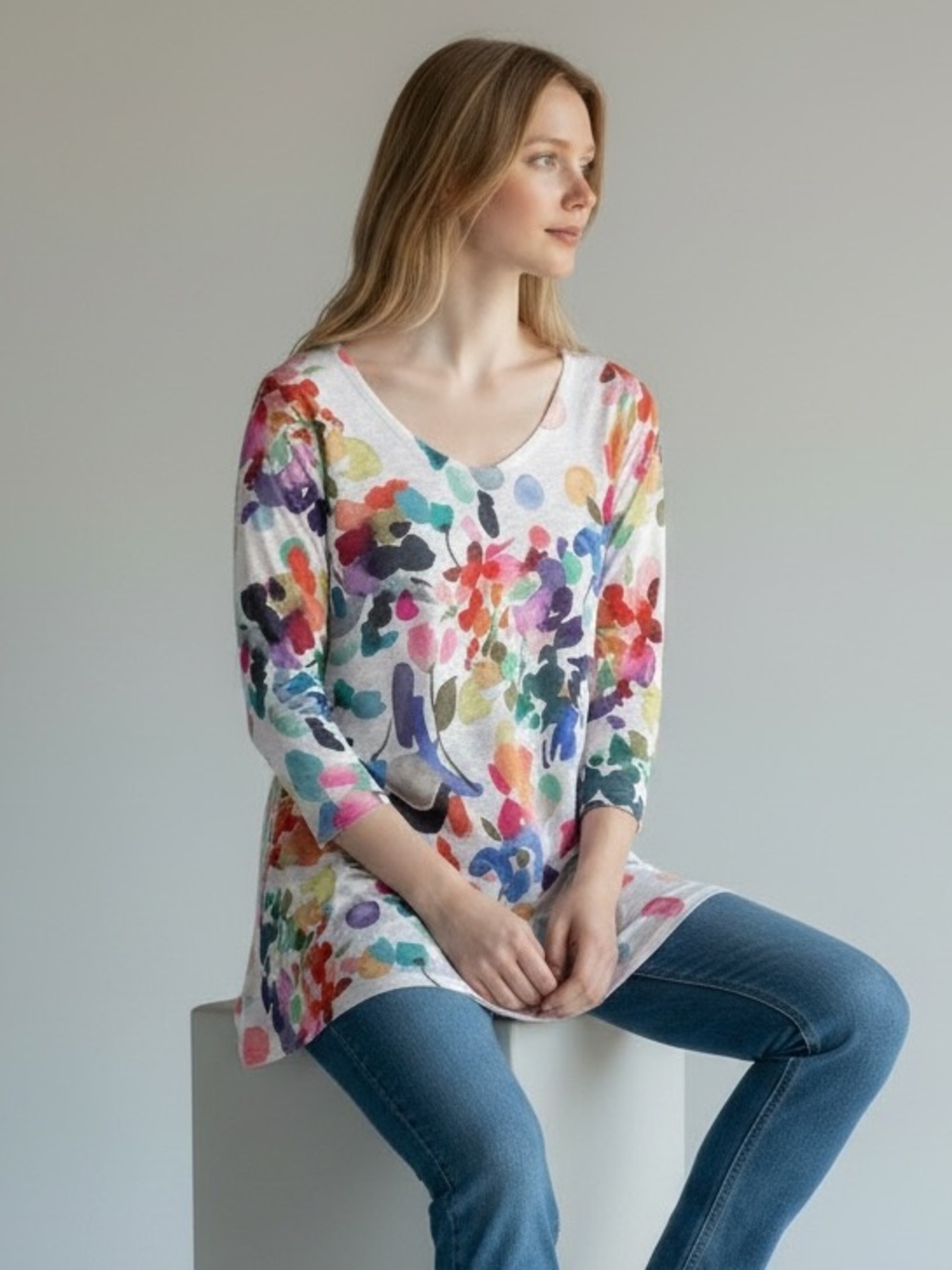 Et' Lois Watercolor Floral Ribbed Knit Tunic Top Artsy Lagenlook Small #2299